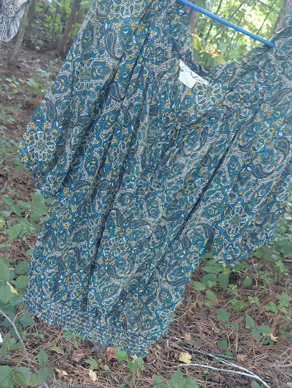Teal Paisley Short-Sleeve Smocked-Hem Blouse